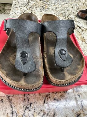 Papillio Black Embossed Leather Thong Sandals with Studded Cork Sole